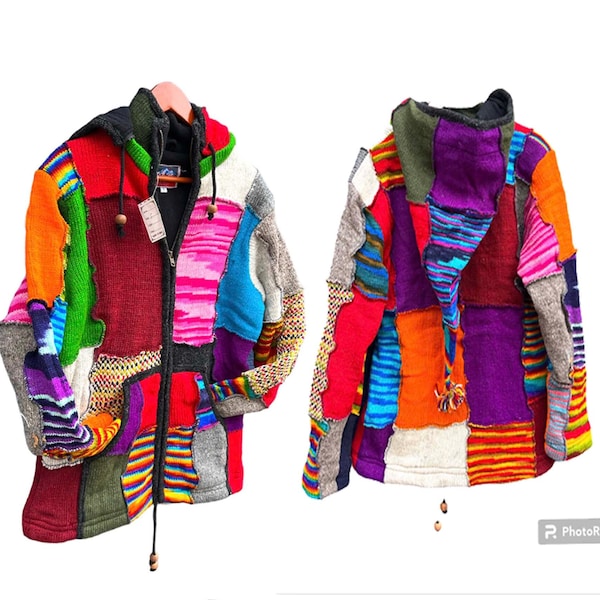 Patchwork Knitted Wool Fleece Lined Warm Hippy Hoodie Winter Jacket Coat Cozy Warm Hippie Nepali Jumper Rainbow Zip