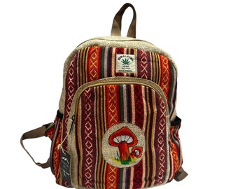 Handmade Mini Hemp Backpack: Mushroom Design Boho Travel Bag