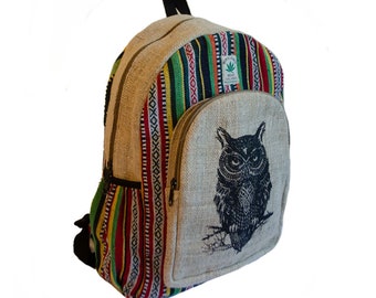 Handmade Owl Hemp Backpack | Travel Backpack - One Size
