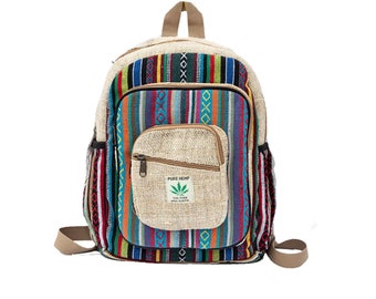 May include: A multi-colored hemp backpack with a large front pocket that says "PURE HEMP" and has a green leaf logo. The backpack has a variety of colorful stripes and patterns.