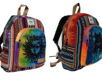 May include: Two colorful woven backpacks with a sun and moon design on one and a wolf design on the other. Both backpacks have a small zippered pocket on the front.