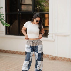 Handmade Upcycled Celestial Patchwork Denim Cargo Pants | Drawstring Wide Leg Jeans | Sun Moon Festival Streetwear | OOAK