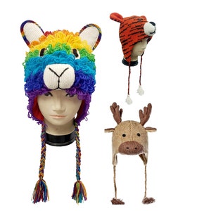Erwachsene Unisex handgefertigte Wolle Tierhut - Regenbogen Lama Tiger Reindeer Hat Designs | Handmade in Nepal - Wintermütze für Erwachsene - One Size Mütze