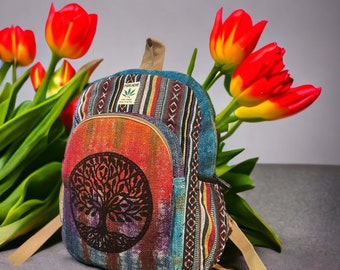 Mini Hemp Backpack Handmade | Travel Backpack | Tree of Life Design Backpack | Unisex Design Boho Hippie Backpack with Water Bottle Pocket