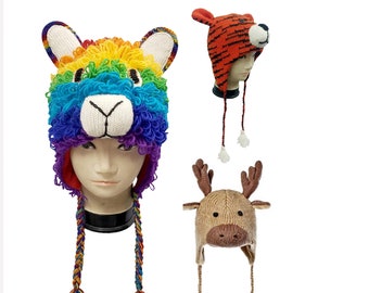 Adult Unisex Handmade Wool Animal Hat - Rainbow Llama Tiger Reindeer Hat Designs | Handmade in Nepal - Winter Hat for Adults - One Size Hat