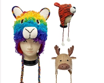 Adult Unisex Handmade Wool Animal Hat - Rainbow Llama Tiger Reindeer Hat Designs | Handmade in Nepal - Winter Hat for Adults - One Size Hat