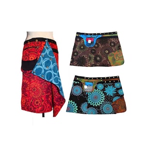 Long Reversible Skirt Blue with Ornaments, Adjustable Cotton Skirt with Pockets Travel Clothing, One Size Fits All Nepal Pocket Skirt