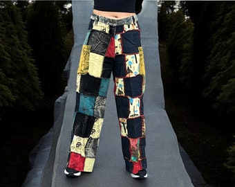 Handmade Patchwork Harem Pants: Recycled Cotton Denim Bohemian Trousers