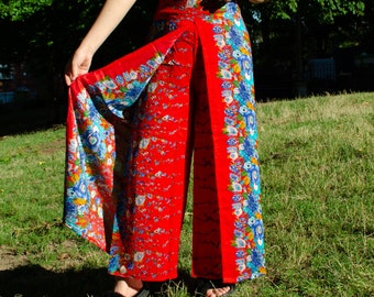 Handmade Harem Pants | Waist Tie | Open Leg | 100% Rayon | One Size | Adjustable - Multicolor | Bohemian Style | Boho Hippie - Flower Design