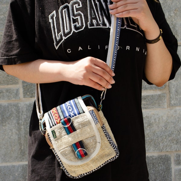 Handmade Hemp Passport Messenger Bag Beige Mix Colorway One Size Bohemian Hippie Adjustable Shoulder PP Bag Mini Size | Travel Accessory Bag