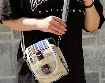 Handmade Hemp Passport Messenger Bag Beige Mix Colorway One Size Bohemian Hippie Adjustable Shoulder PP Bag Mini Size | Travel Accessory Bag