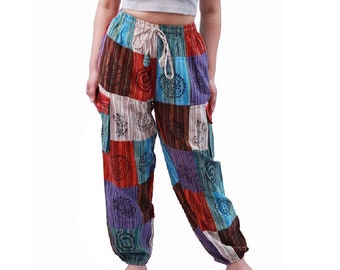 Handmade Patchwork Cotton Harem Pants: Unisex Boho Jogger Style, One Size, Plus Size Hippie Boho Trousers From Nepal