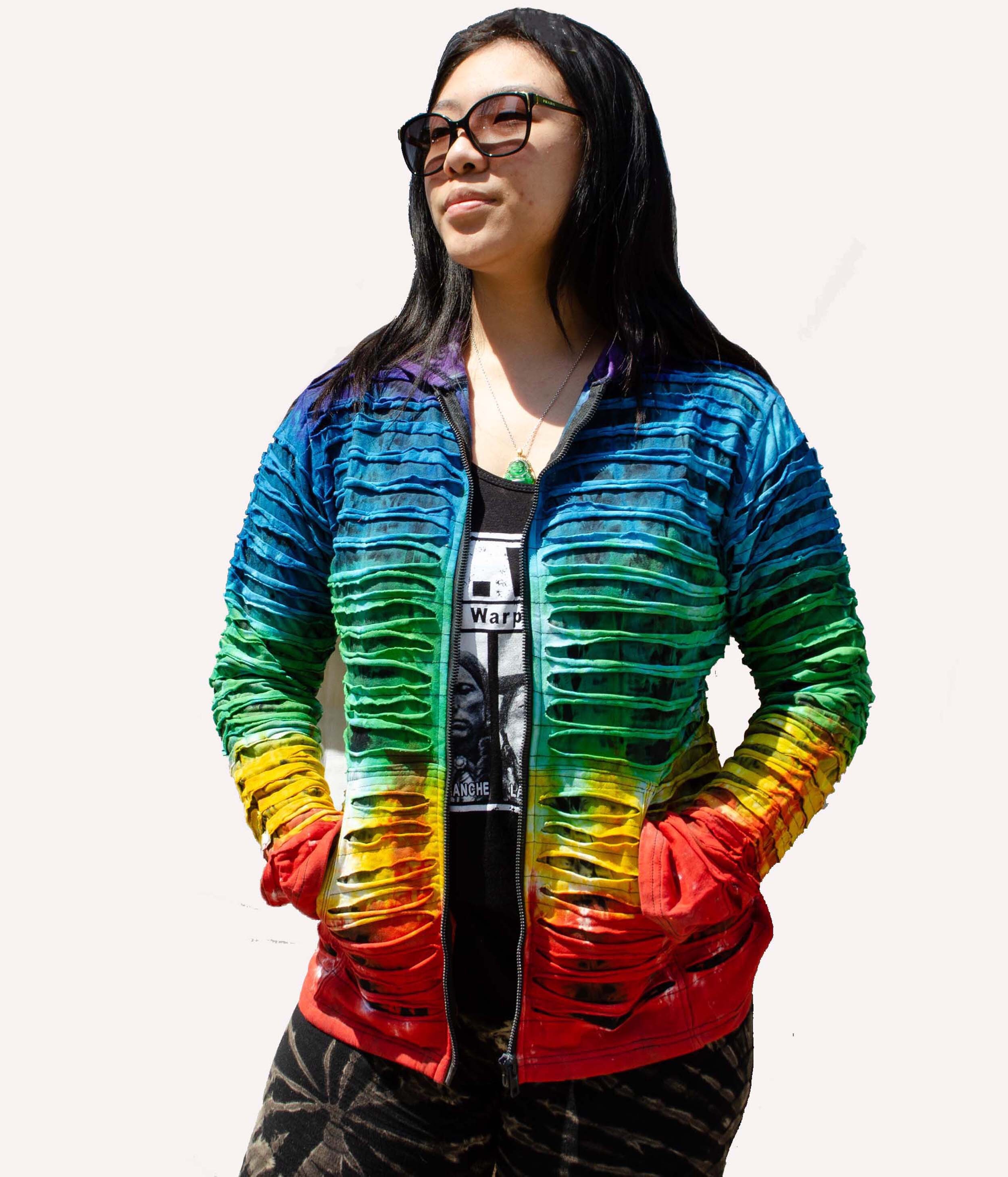hippiedippy☆chess anorak hoody (2color) Rainbow Hippie Patchwork Razor Cut Gypsy Jacket | Bohemian