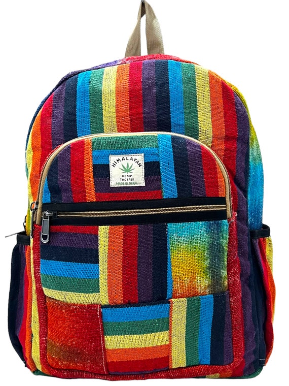Handmade Hemp Laptop Backpack: Rainbow Travel Bag With Water  display picture 3