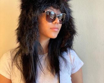 Huksy Half Hood Animal Hat - Faux Fur Furry Hat Hoodie with Ears | Bohemian Hat - Costume Party - Cute Animal Design Hoodie Hat Scarf