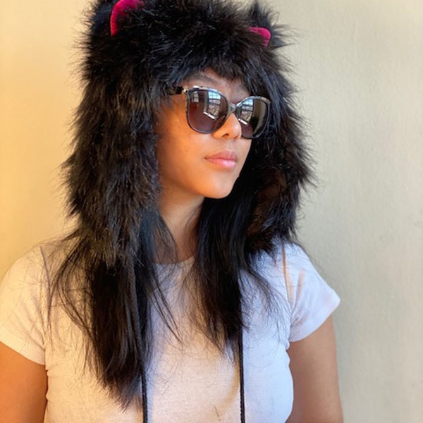 Huksy Half Hood Animal Hat - Faux Fur Furry Hat Hoodie with Ears | Bohemian Hat - Costume Party - Cute Animal Design Hoodie Hat Scarf