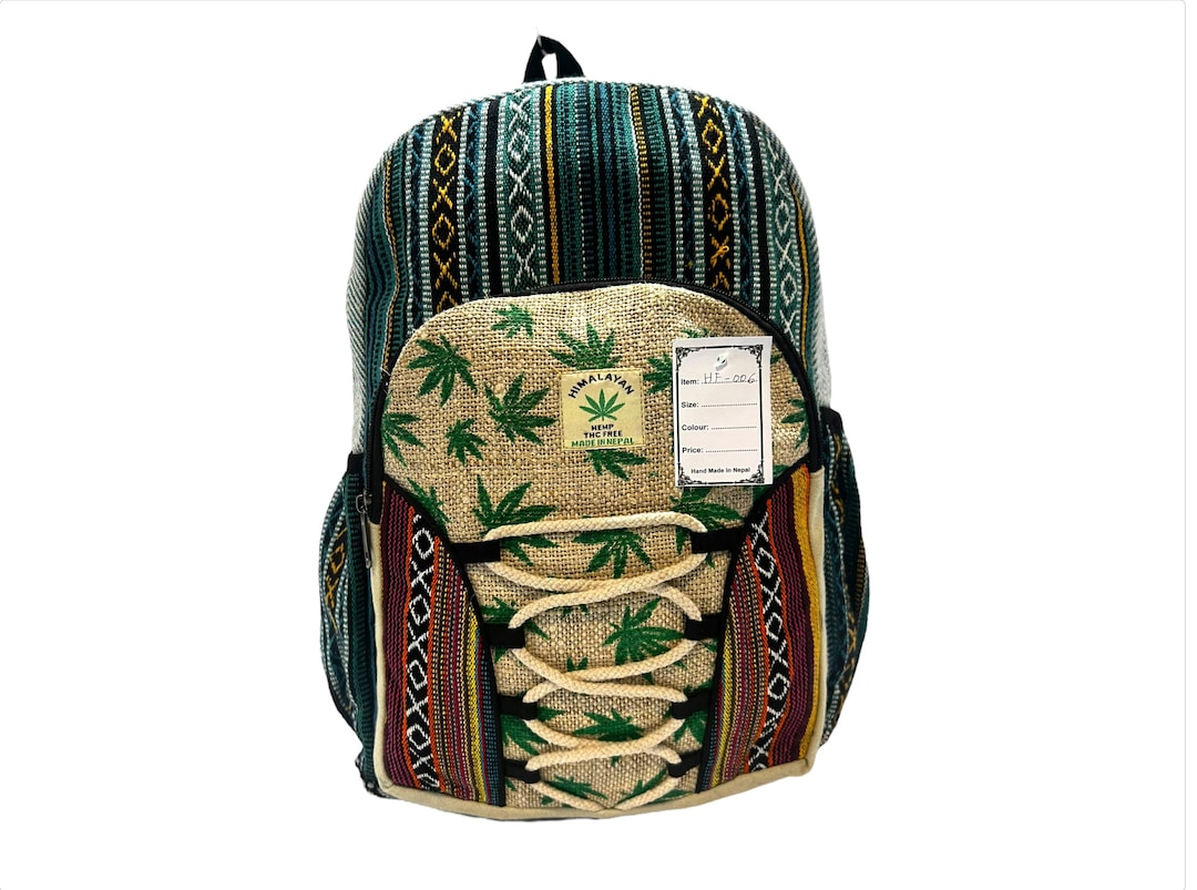 Large Hemp Backpack Multi Pocket Daypack Adjustable Straps Boho Style Himalayan Hemp Boho Backpack: Laptop Pocket, Fair Trade  main image 4