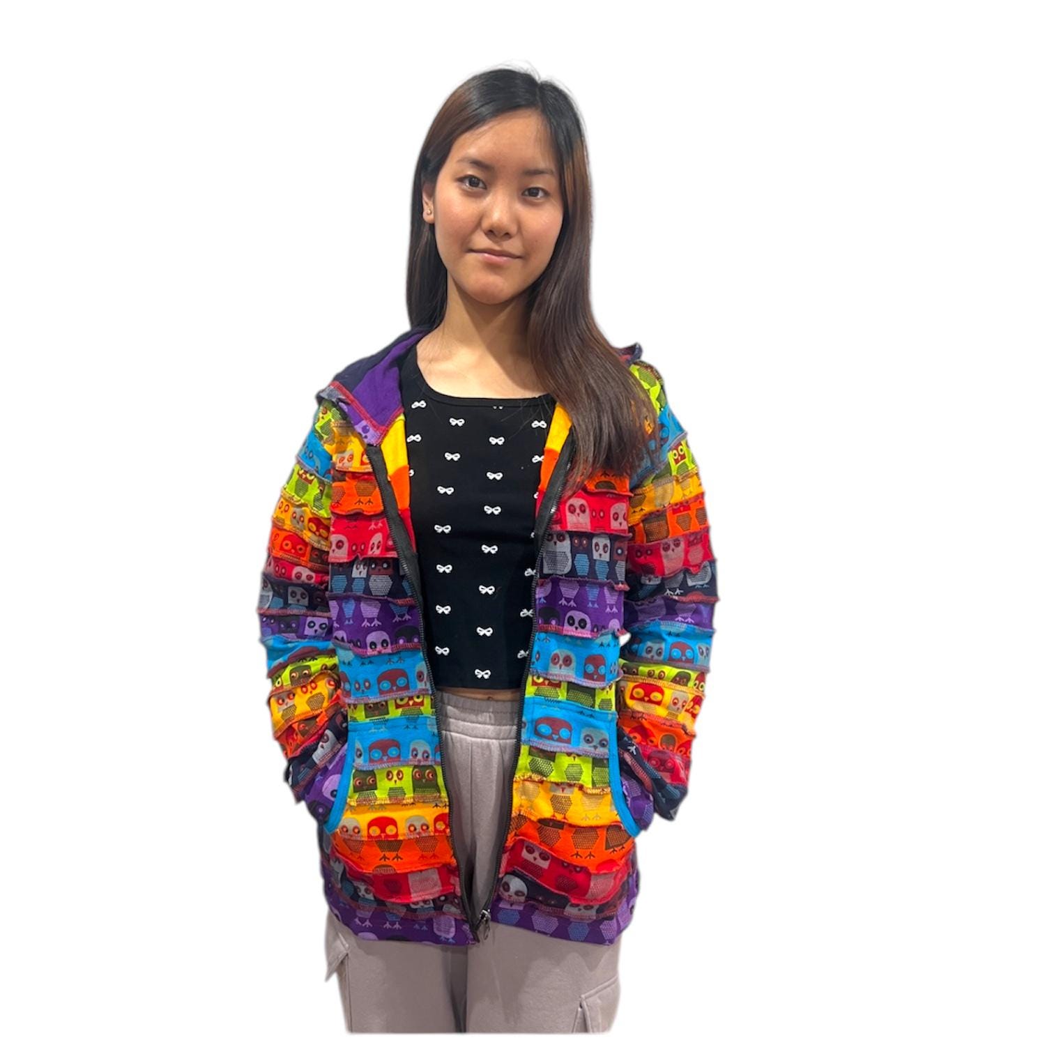 Rasta Rainbow Striped Owl Print - Hippie Hoodie Jacket | Small Medium Large | Zip Up - Hoodie Hood |