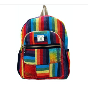Sac à dos en chanvre pour ordinateur portable fait main | Sac à dos de voyage | Sac à dos design arc-en-ciel | Design unisexe bohème | Sac à dos hippie avec poche pour bouteille d&#39;eau |