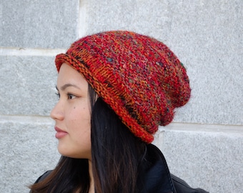 Handmade Wool Beanie | Boho Hippie Winter Hat - Hand knit Hat, Warm Wool Hat Slouchy Hat - Nepal Hat - Red Beanie Cap