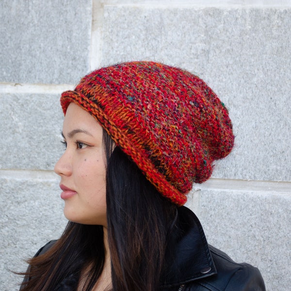 Handmade Wool Beanie | Boho Hippie Winter Hat - Hand knit Hat, Warm Wool Hat Slouchy Hat - Nepal Hat - Red Beanie Cap