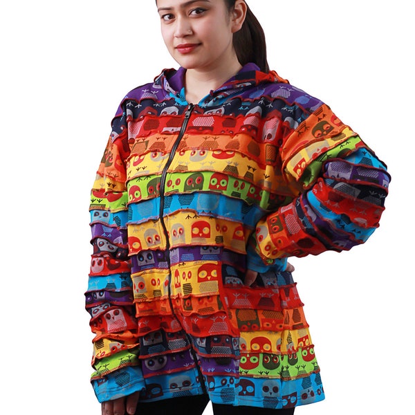 Rasta Rainbow Striped Owl Print - Hippie Hoodie Jacket | Small Medium Large | Zip Up - Hoodie Hood | Bohemian Hippie | 100% Cotton Jacket