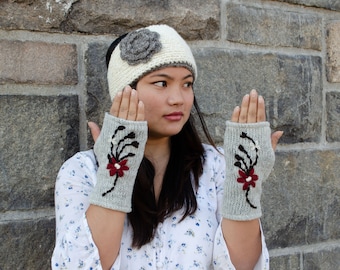 Handmade Knitted Hand Warmer Flower Design - Warm Winter Arm Warmers - Multicolor Variation | One Size Stretchy Handmade Arm Sleeves