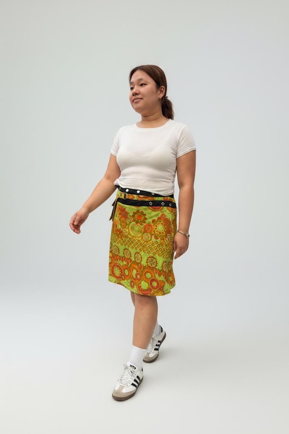 Reversible Skirt Blue with Ornaments, Adjustable Cotton Skirt with Pockets, Travel Clothing, One Size Fits All Skirt with Pouch Price: