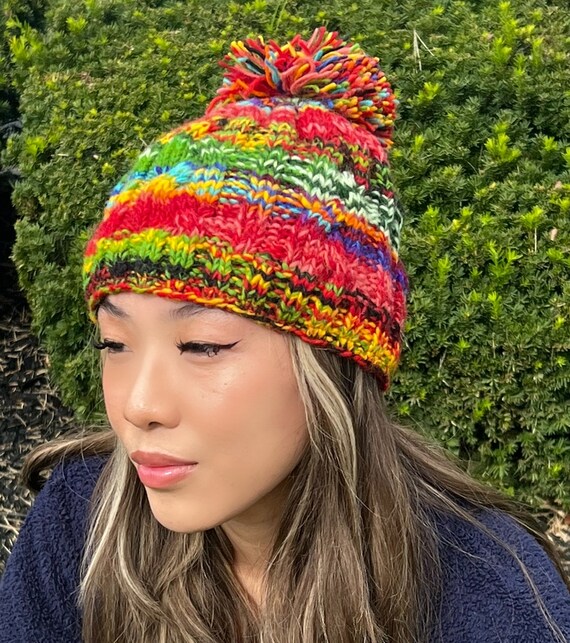Hand Knit Wool Beanie: Colorful Pom Pom Hat, Made in Nepal  display picture 1