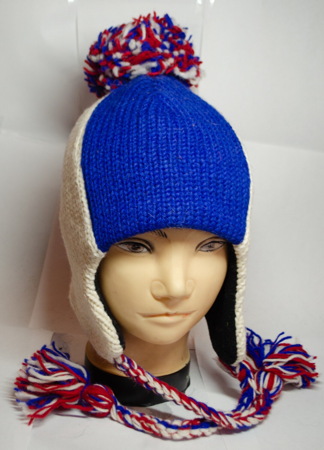 Handmade Red White Blue Beanie Hat Pom Pom Hat With Strings One Size