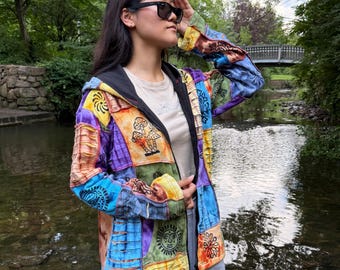 Rainbow Razor Cut Cotton Festival Hoodie: Handmade Boho Jacket