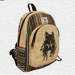 Mochila pequeña de cáñamo hecha a mano - Husky / Gato / Atrapasueños - Mochila de diseño / Mochila unisex de diseño boho hippie con botella de agua activa