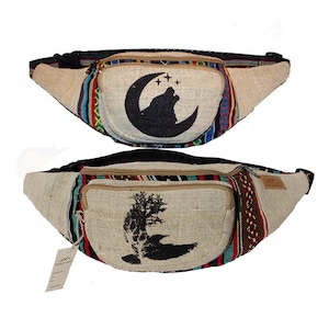 Himalayan Fashion Hemp Fanny Pack | Nepal Handmade Hemp Adjustable Fanny - Boho Hippie Multi Color | Wolf Eagle Sloth Tree Fanny Pack