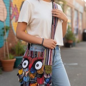 Borsa a tracolla a forma di gufo fatta a mano – Borsa boho in cotone con motivo animale, Nepal