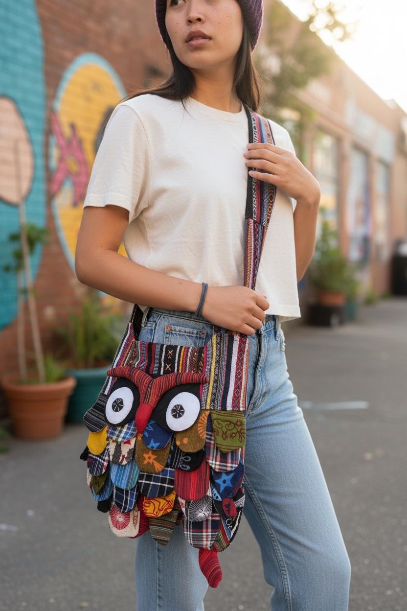 Handmade Owl Crossbody Bag &ndash; Boho Cotton Animal Purse, Nepal