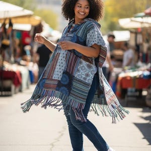 Boho Patchwork Poncho with pockets | unisex | 100 % cotton | one size