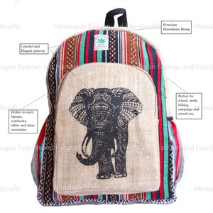 May include: Himalayan hemp backpack with a large black elephant graphic on the front pocket. The backpack features colorful striped patterns and a black top handle. It is designed to carry laptops, tablets, and other necessities.