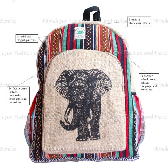Large Elephant Hemp American Native Design Backpack | Festival Hiking Bag, 420 Backpack, Boho Hippie Bag