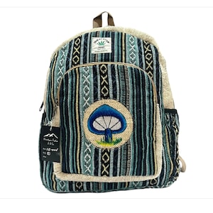 Mini Hemp Backpack Handmade | Travel Backpack | Mushroom Design Backpack | Unisex Design Boho Hippie Backpack with Water Bottle Pocket