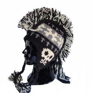Himalayan Fashion Kids Mohawk Hat - Kids Bone Skull and USA Mohawk Handmade Hat | One Size 100% Wool Made in Nepal | Kids Winter Wool Hat