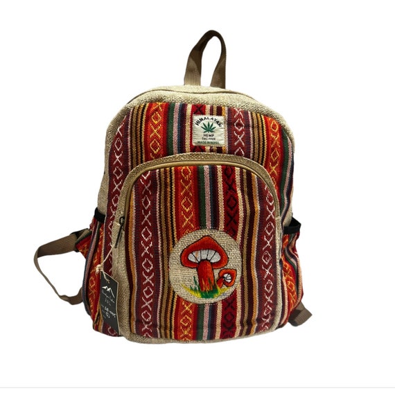 Mini Hemp Backpack Handmade Travel Backpack Mushroom Design Backpack Unisex Design Boho Hippie Backpack With Water Bottle Pocket Etsy