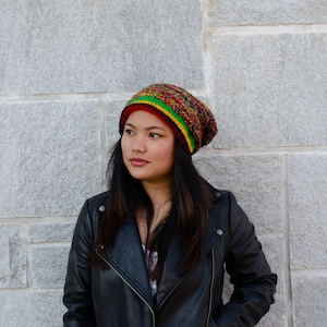 Handmade Wool Beanie | Boho Hippie Winter Hat - Hand knit Hat, Warm Wool Hat Slouchy Hat - Nepal Hat - Rainbow Beanie Cap Active