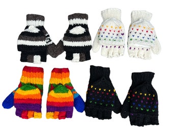 Hand Knit 100% Wool Fingerless Ski Polar Fleece Lining Nepalese Gloves Snowboarding Winter Accessories Gloves with Cover