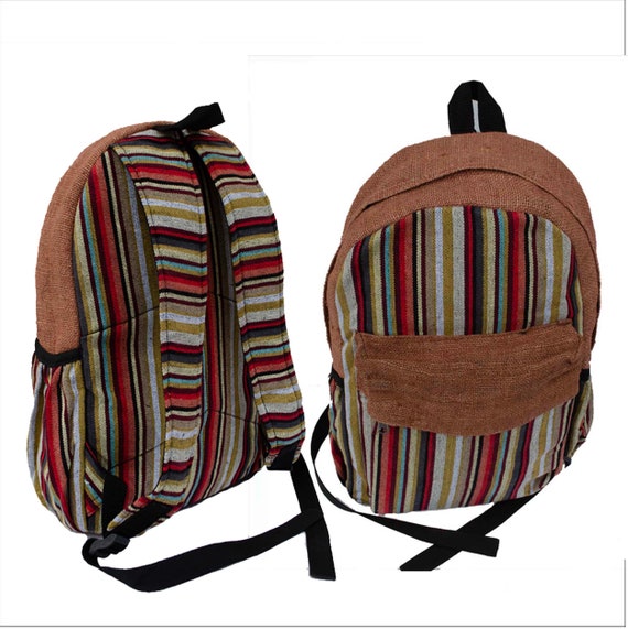 Handmade Brown and Red Mini Hemp Backpack - Travel Backpack  display picture 3