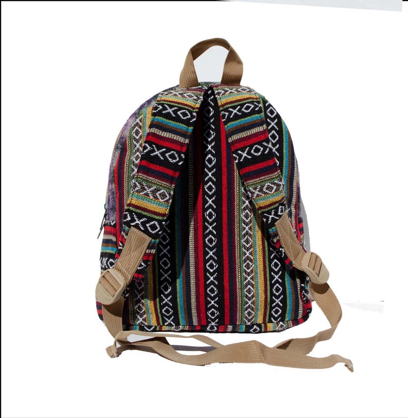 May include: A colorful striped backpack with a black background and tan straps. The backpack has a geometric pattern with red, yellow, blue, and green stripes.