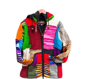 Patchwork Wool Fleece Lined Hippie Hoodie: Nepali Winter Jacket
