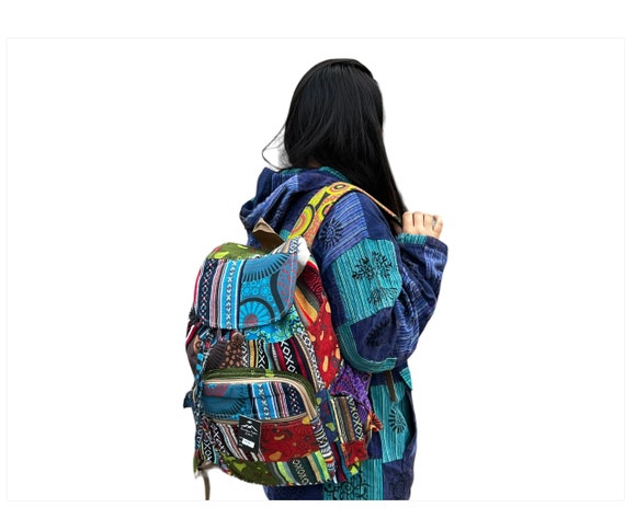 Sac à Dos Boho En Chanvre Et Coton Fait Main Au Népal - Grand Modèle Multicolore - Neuf