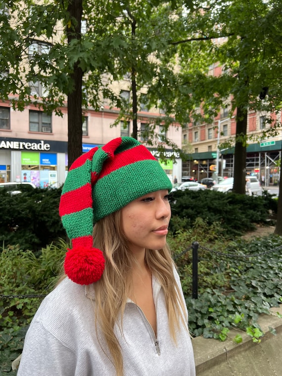 2 Pack Christmas Elf Hats for Adults, Striped Holiday Beanies with Green Pom  Poms