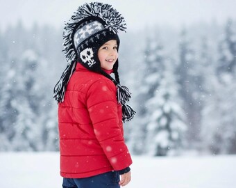 Himalayan Fashion Kids Mohawk Hat - Kids Bone Skull and USA Mohawk Handmade Hat | One Size 100% Wool Made in Nepal | Kids Winter Wool Hat