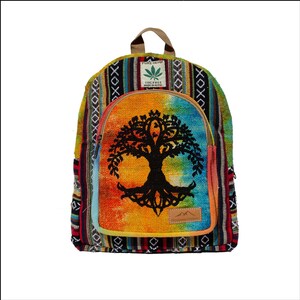 May include: A multi-colored hemp backpack with a tie-dye design and a black tree of life graphic. The backpack has a small pocket on the front with the text "PURE HEMP" and "THC FREE MADE IN NEPAL".